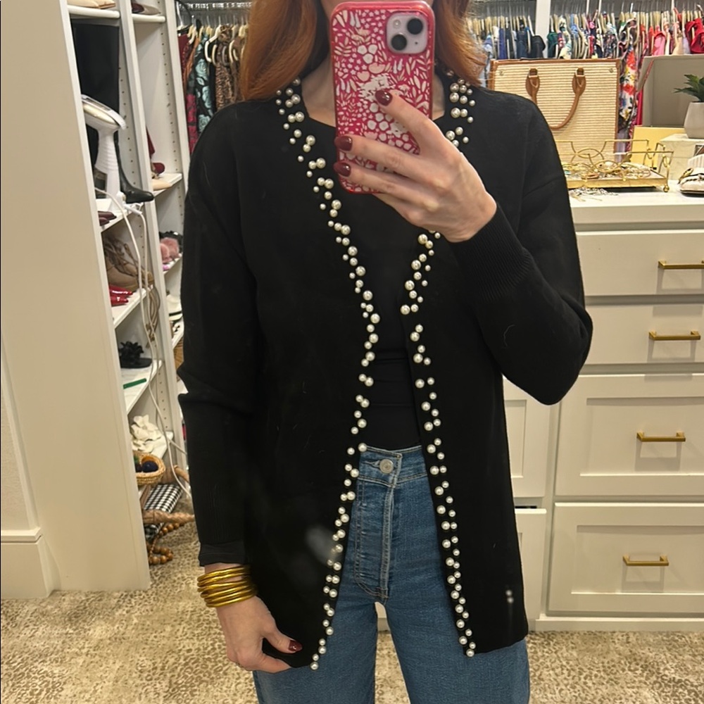 NWT Joh. Crew Black Cardigan with Pearl Accents